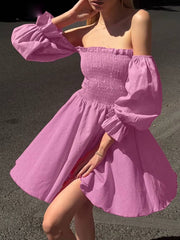 Casual Pleated Slash Neck Short Sleeve Loose Cotton Mini Dress