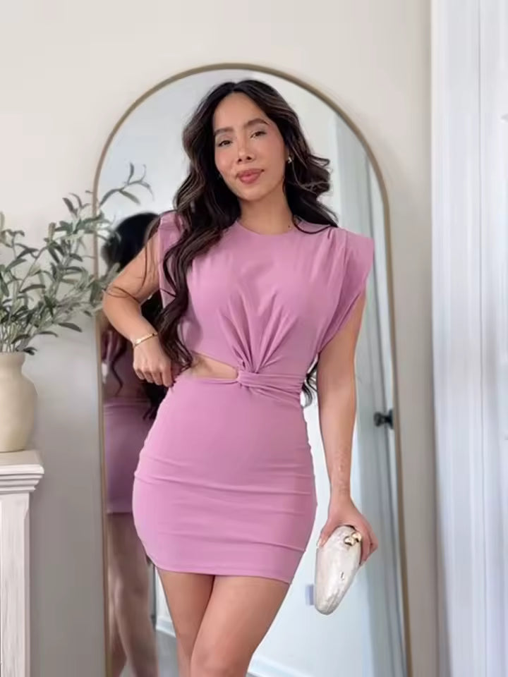 Casual Pleated Sleeveless Crop Asymmetry Decorative O-Neck Solid Beach Party Mini Dress