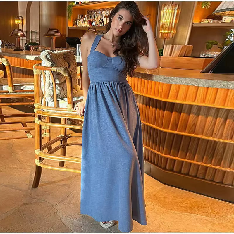 Casual Pleated Solid Sleeveless Halter Lace Up Long Denim Maxi Dress