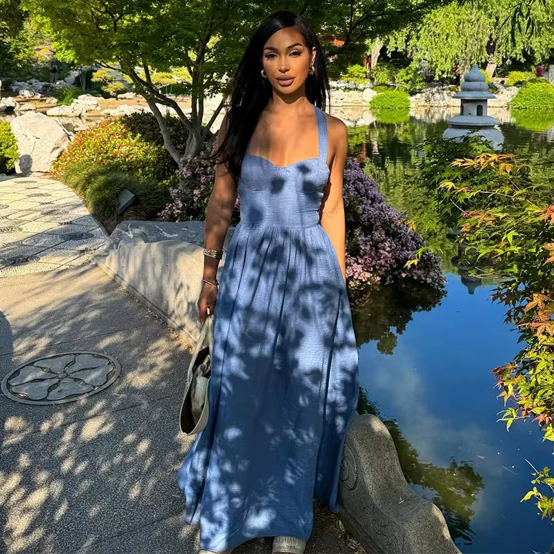 Casual Pleated Solid Sleeveless Halter Lace Up Long Denim Maxi Dress