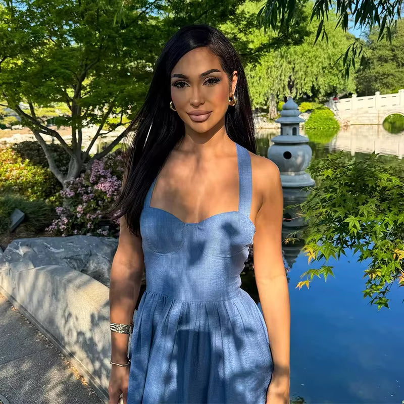 Casual Pleated Solid Sleeveless Halter Lace Up Long Denim Maxi Dress