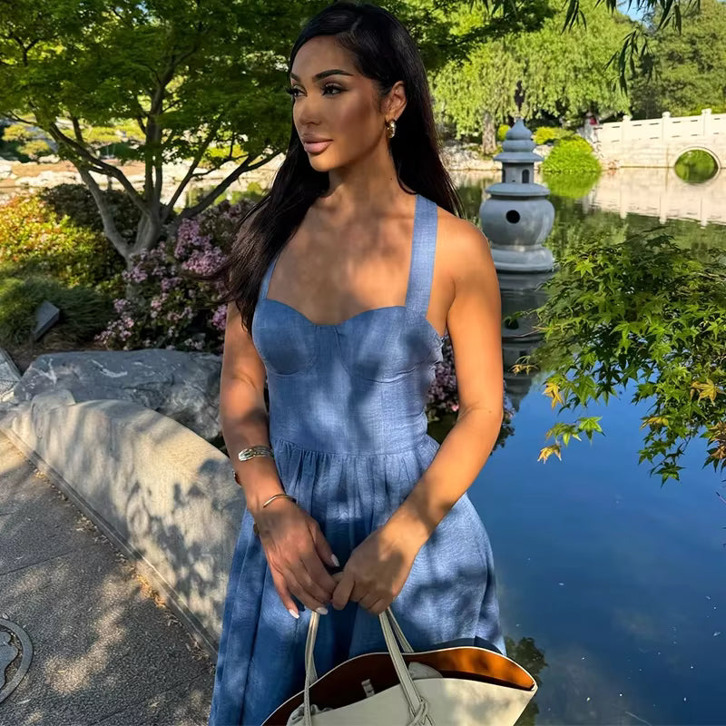 Casual Pleated Solid Sleeveless Halter Lace Up Long Denim Maxi Dress