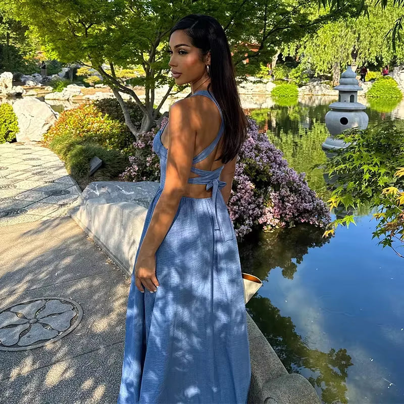 Casual Pleated Solid Sleeveless Halter Lace Up Long Denim Maxi Dress