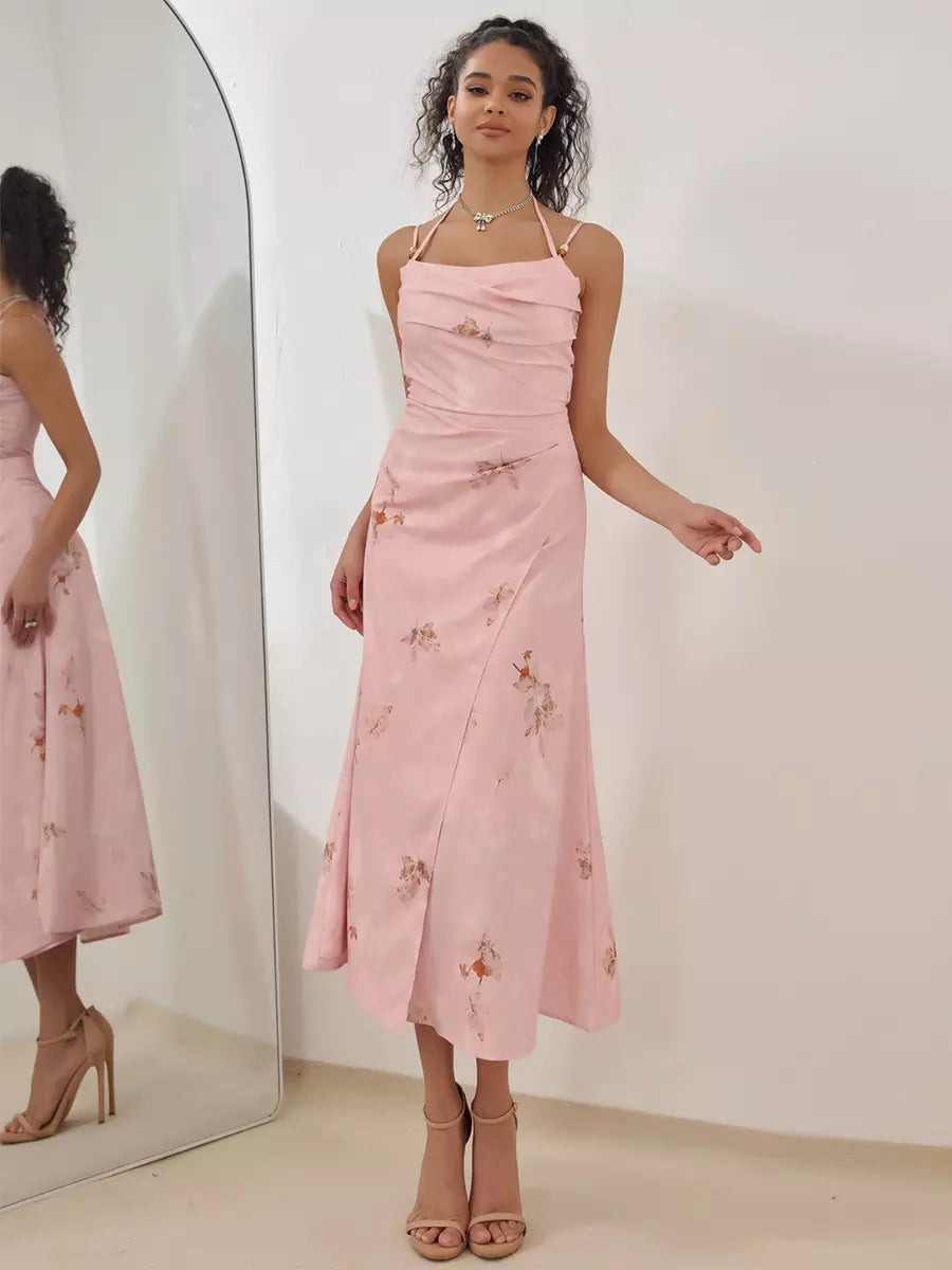 Casual Pleated Strap Floral Print Slip Midi Dress