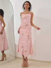 Casual Pleated Strap Floral Print Slip Midi Dress