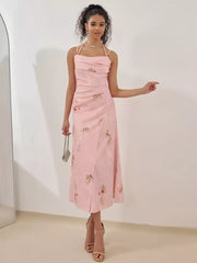 Casual Pleated Strap Floral Print Slip Midi Dress
