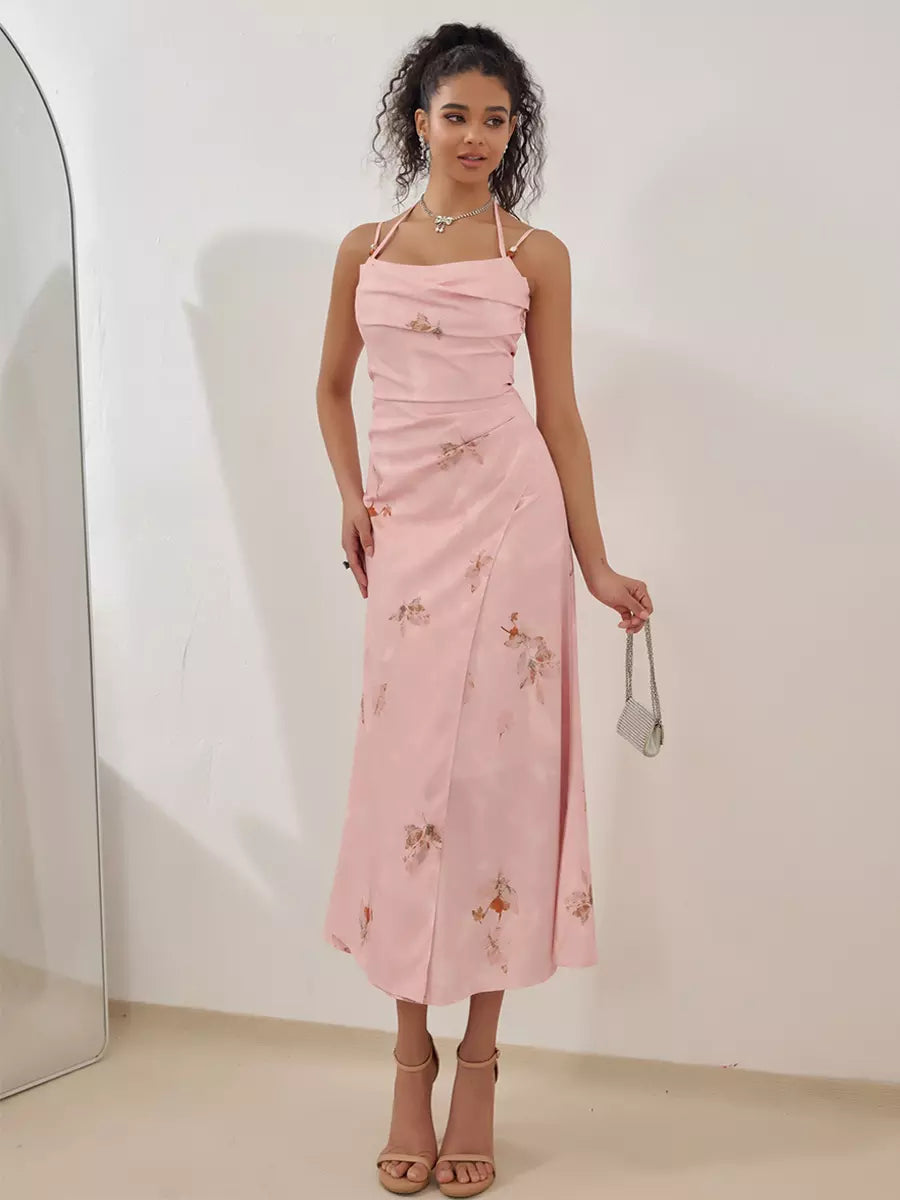 Casual Pleated Strap Floral Print Slip Midi Dress
