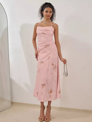 Casual Pleated Strap Floral Print Slip Midi Dress