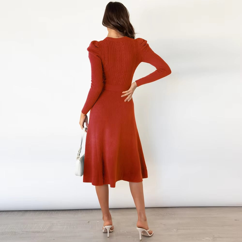 Casual Pleated Stretch Jewel Neck Knitted Midi Dress