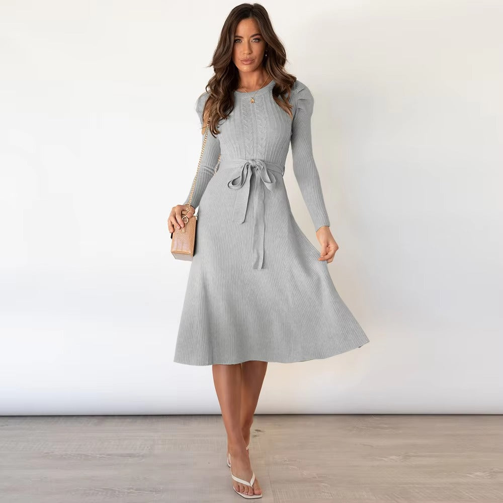Casual Pleated Stretch Jewel Neck Knitted Midi Dress