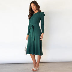 Casual Pleated Stretch Jewel Neck Knitted Midi Dress