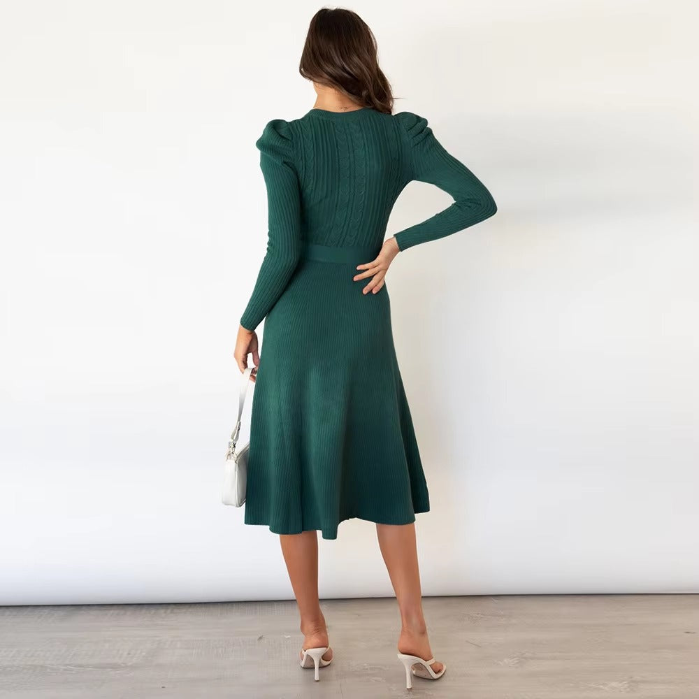 Casual Pleated Stretch Jewel Neck Knitted Midi Dress