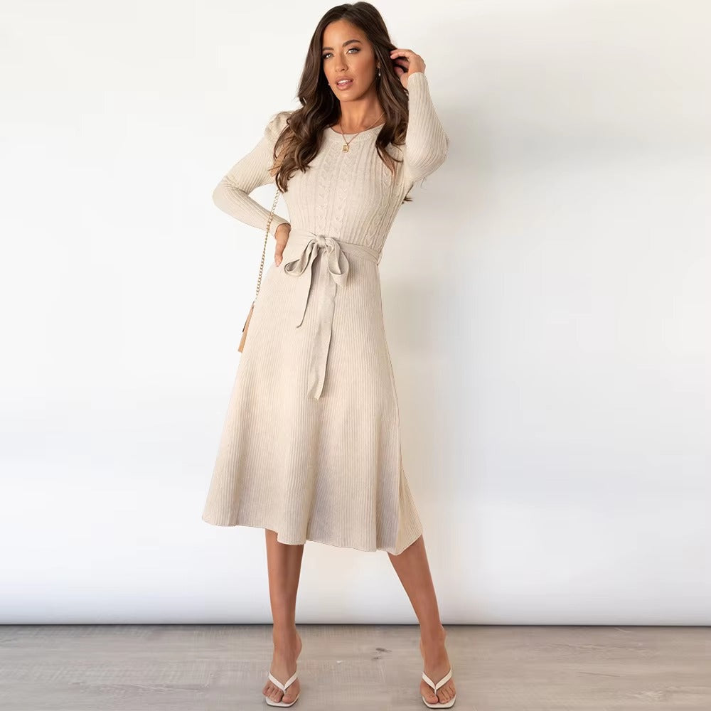 Casual Pleated Stretch Jewel Neck Knitted Midi Dress