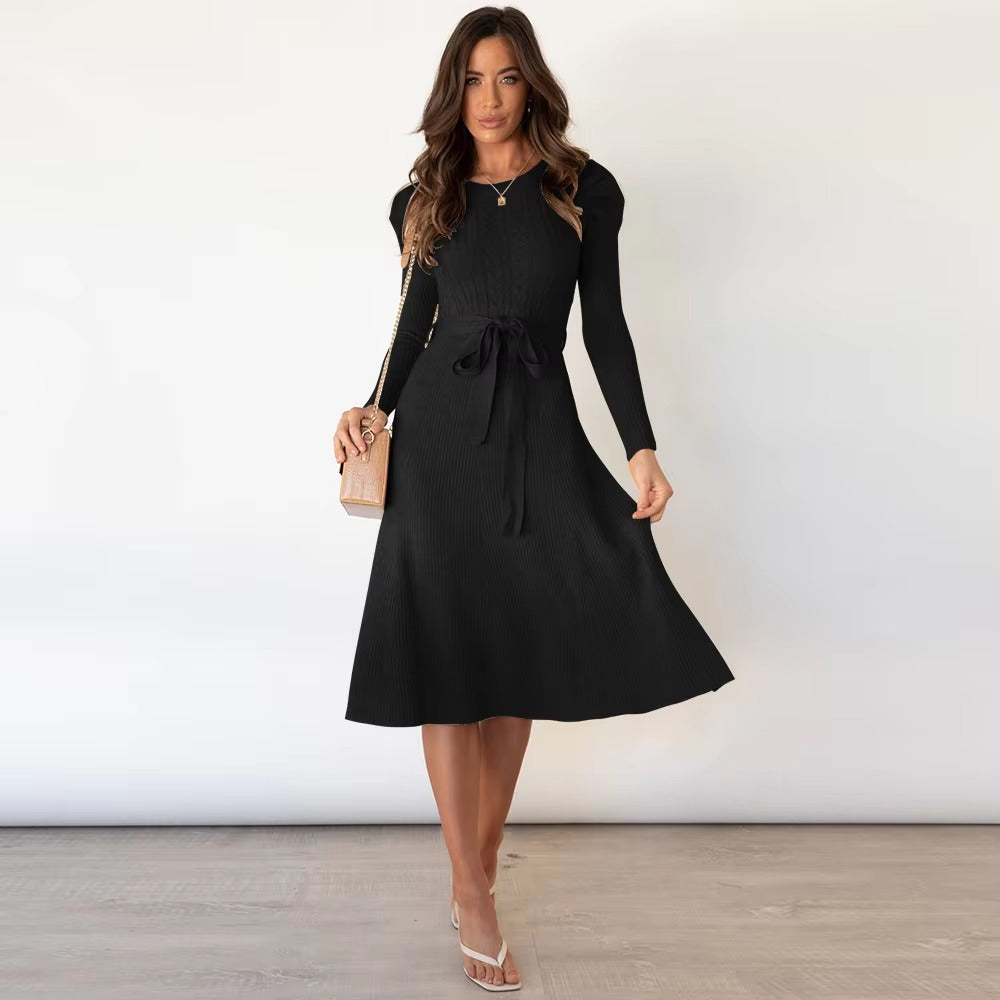 Casual Pleated Stretch Jewel Neck Knitted Midi Dress