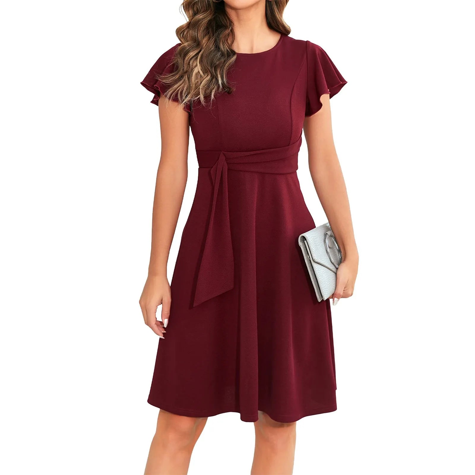 Casual Pleated Swing O Neck Dress Solid Color Loose MiniDress