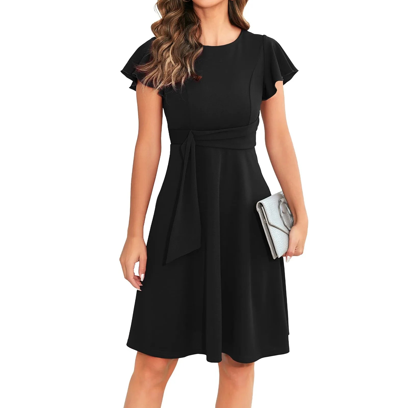 Casual Pleated Swing O Neck Dress Solid Color Loose MiniDress