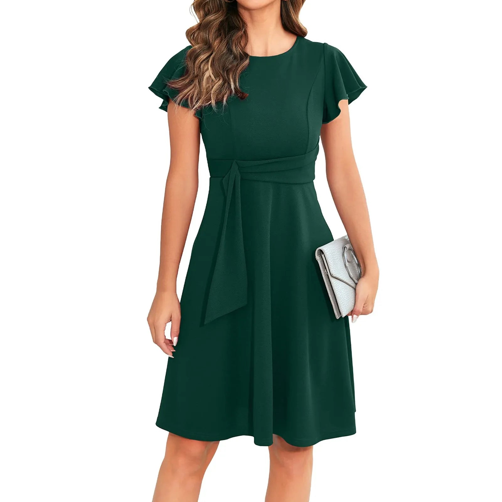 Casual Pleated Swing O Neck Dress Solid Color Loose MiniDress