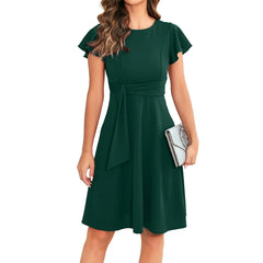 Casual Pleated Swing O Neck Dress Solid Color Loose MiniDress