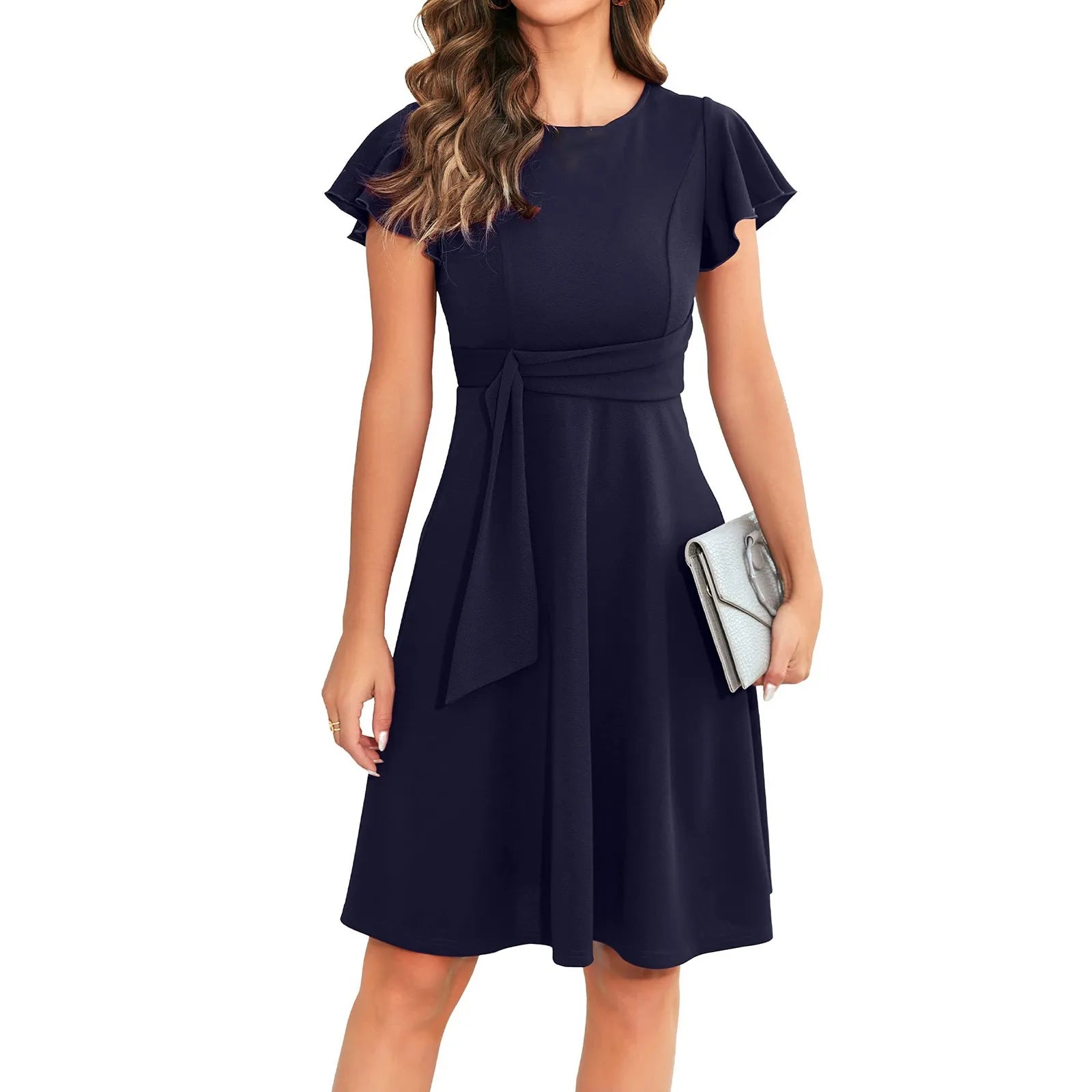 Casual Pleated Swing O Neck Dress Solid Color Loose MiniDress