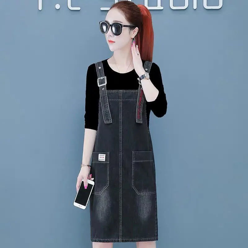 Casual Pockets Overall Sleeveless Strap Slash Neck Jean Dress