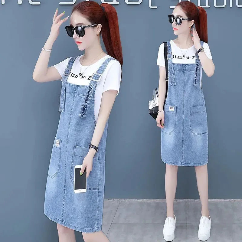 Casual Pockets Overall Sleeveless Strap Slash Neck Jean Dress