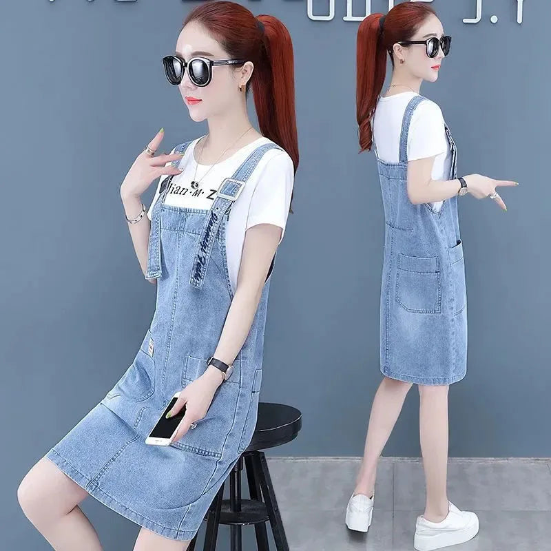 Casual Pockets Overall Sleeveless Strap Slash Neck Jean Dress