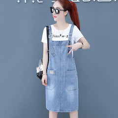 Casual Pockets Overall Sleeveless Strap Slash Neck Jean Dress