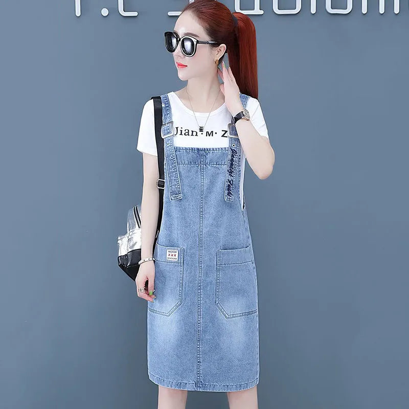 Casual Pockets Overall Sleeveless Strap Slash Neck Jean Dress