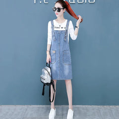 Casual Pockets Overall Sleeveless Strap Slash Neck Jean Dress
