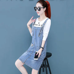 Casual Pockets Overall Sleeveless Strap Slash Neck Jean Dress