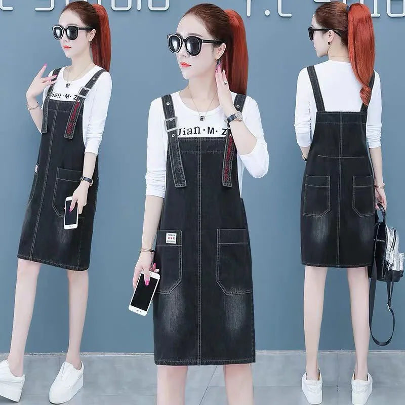 Casual Pockets Overall Sleeveless Strap Slash Neck Jean Dress