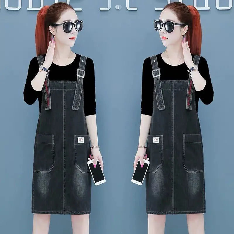 Casual Pockets Overall Sleeveless Strap Slash Neck Jean Dress