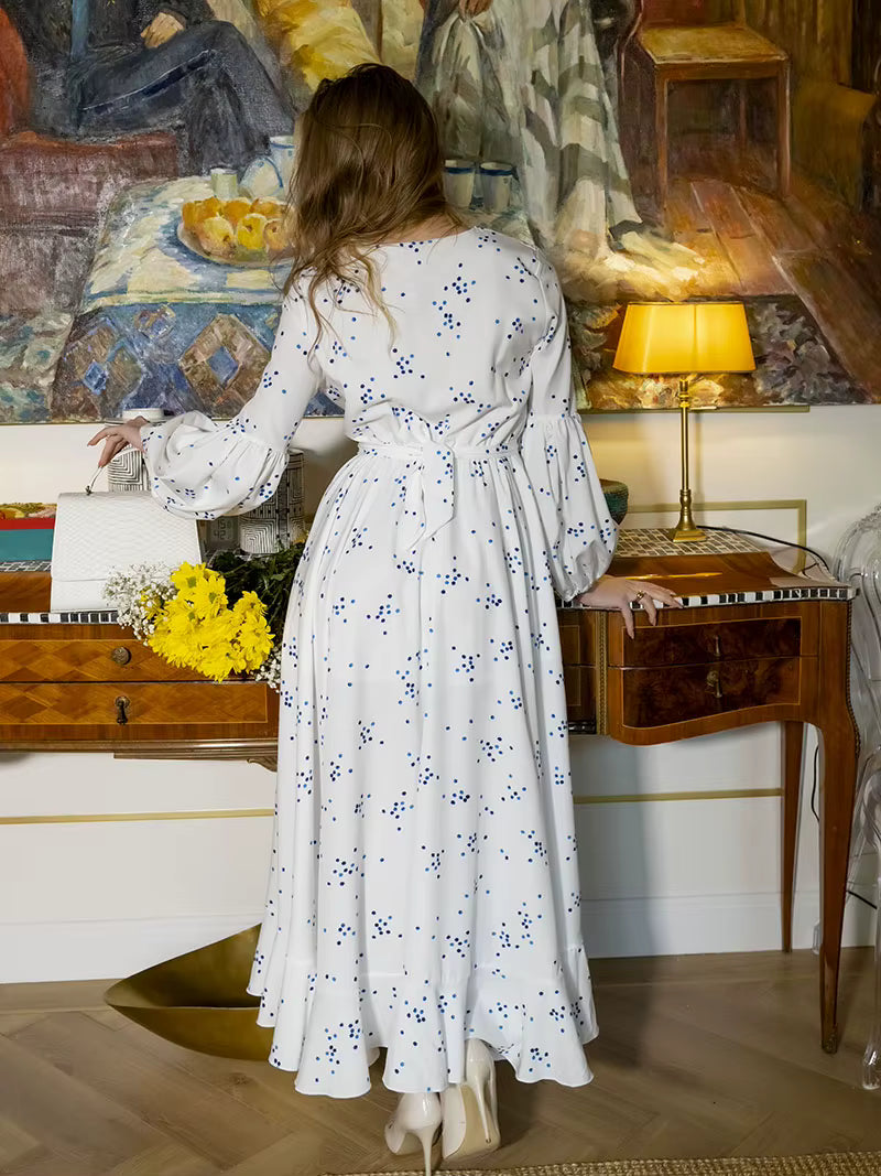 Casual Polka Dot Chiffon Bandage Beach Style Long Sleeve High Slit Maxi Dress