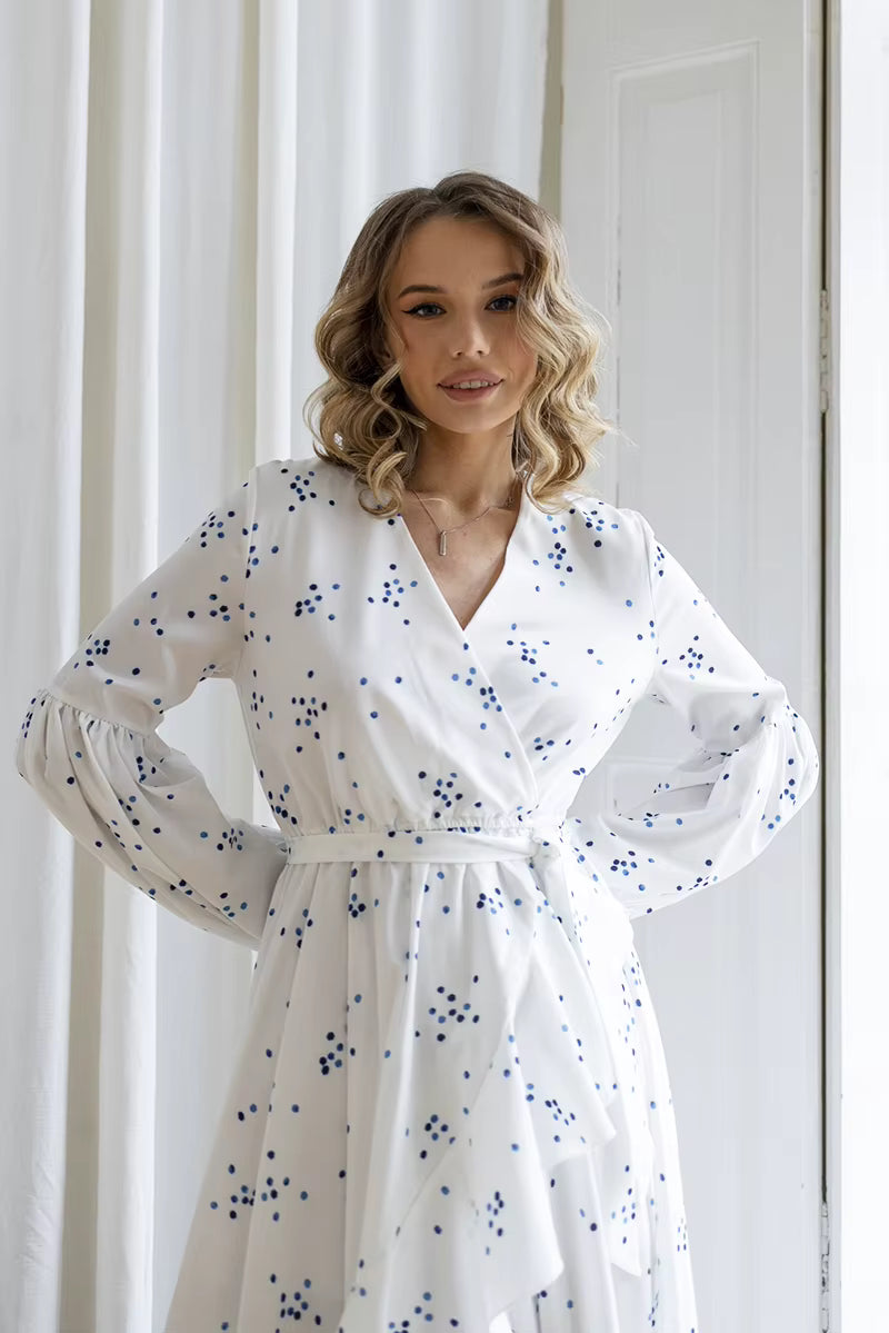 Casual Polka Dot Chiffon Bandage Beach Style Long Sleeve High Slit Maxi Dress