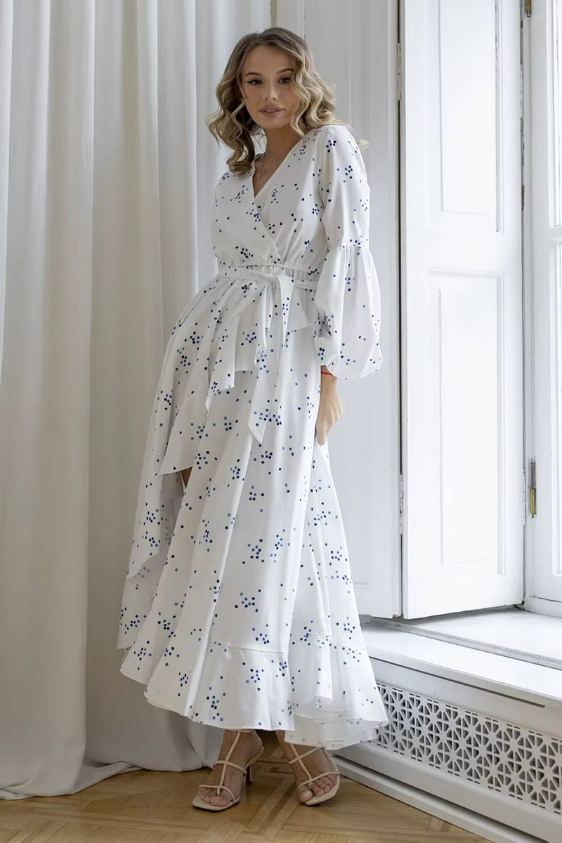 Casual Polka Dot Chiffon Bandage Beach Style Long Sleeve High Slit Maxi Dress