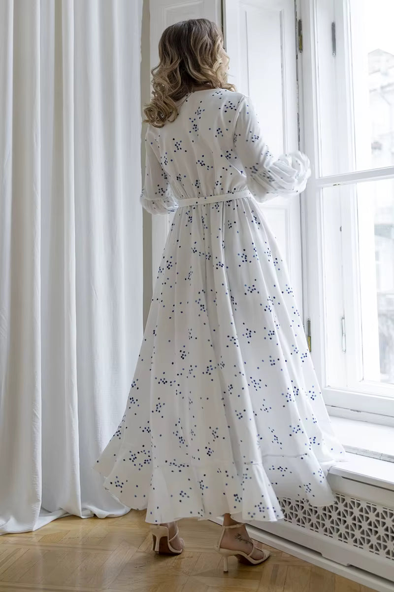 Casual Polka Dot Chiffon Bandage Beach Style Long Sleeve High Slit Maxi Dress