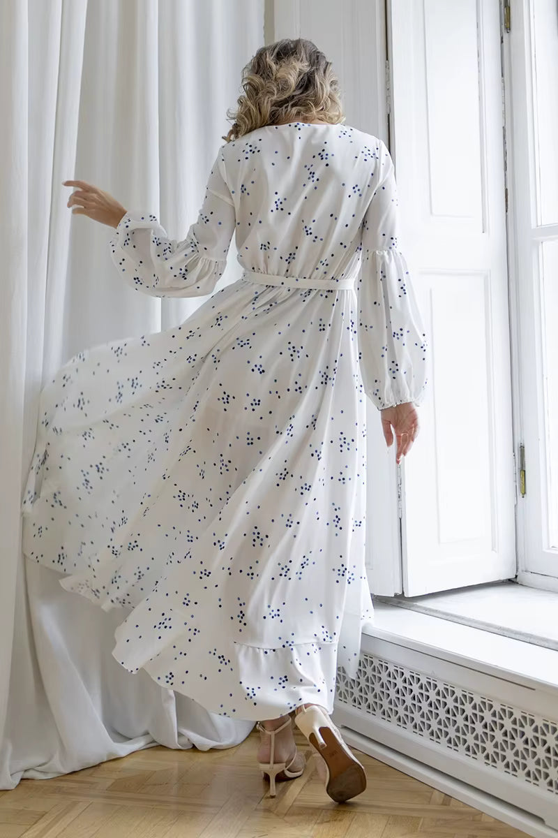 Casual Polka Dot Chiffon Bandage Beach Style Long Sleeve High Slit Maxi Dress