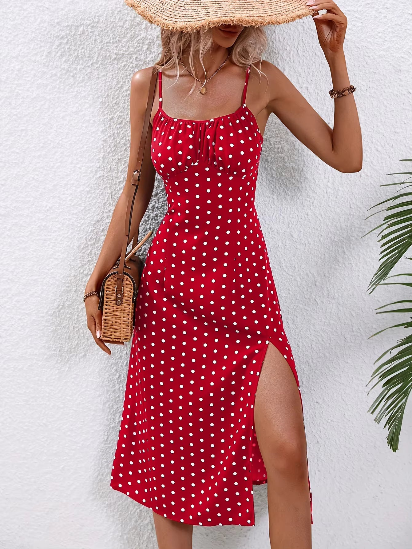 Casual Polka Dot Print Sleeveless Spaghetti Straps Slit Midi Dress