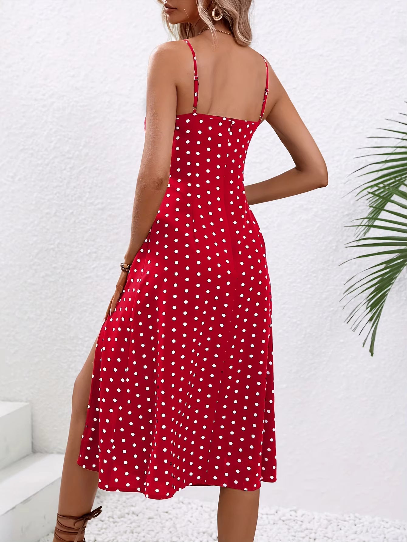 Casual Polka Dot Print Sleeveless Spaghetti Straps Slit Midi Dress