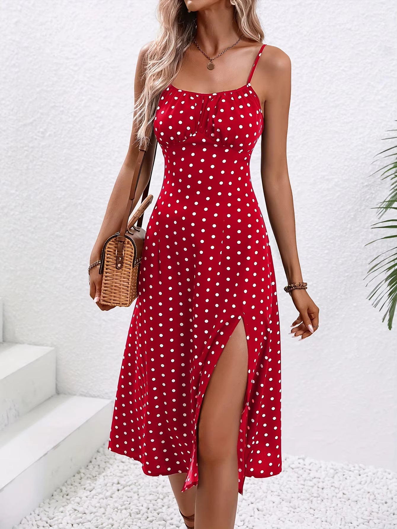 Casual Polka Dot Print Sleeveless Spaghetti Straps Slit Midi Dress