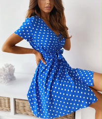 Casual Polka Dot Printed Short Sleeved V-neck Belt Commuting Holiday Party Dress
