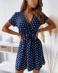 Casual Polka Dot Printed Short Sleeved V-neck Belt Commuting Holiday Party Dress