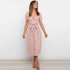 Casual Polka Dot Short Sleeve Midi Dress