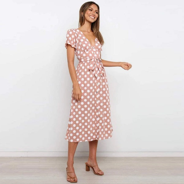 Casual Polka Dot Short Sleeve Midi Dress