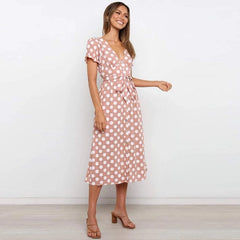 Casual Polka Dot Short Sleeve Midi Dress