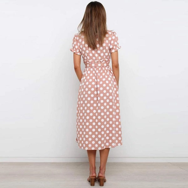 Casual Polka Dot Short Sleeve Midi Dress