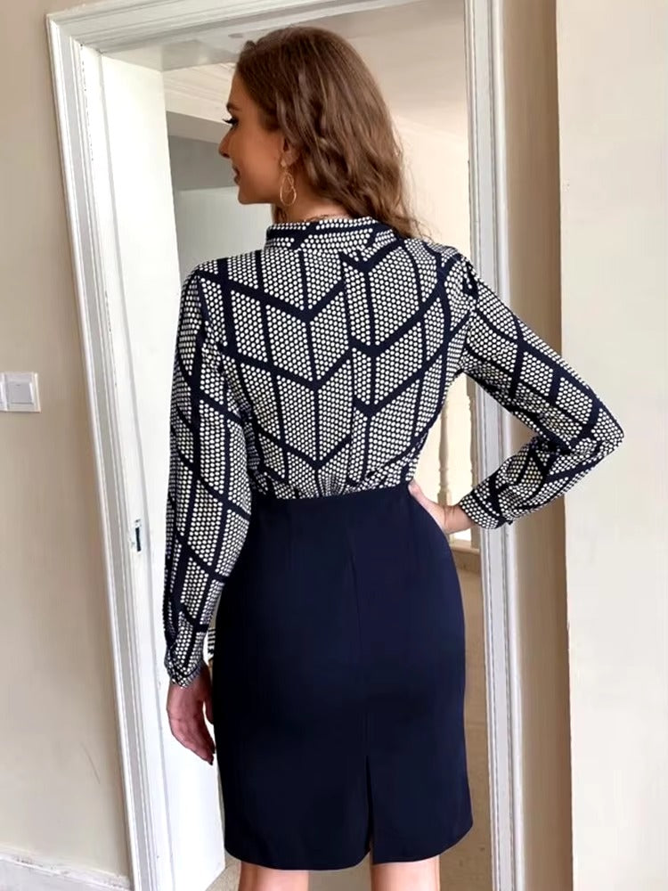 Casual Polka Dot Splicing Neckline V-neck Strap Wrap Arm Waist Retro Style Dress