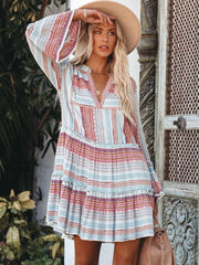 Casual Polyester Long Sleeve V-Neck Shift Mini Dress