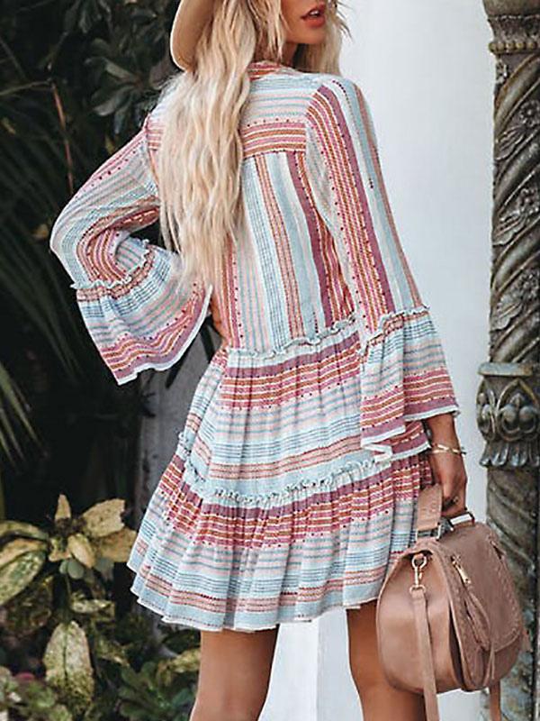 Casual Polyester Long Sleeve V-Neck Shift Mini Dress