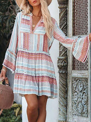 Casual Polyester Long Sleeve V-Neck Shift Mini Dress